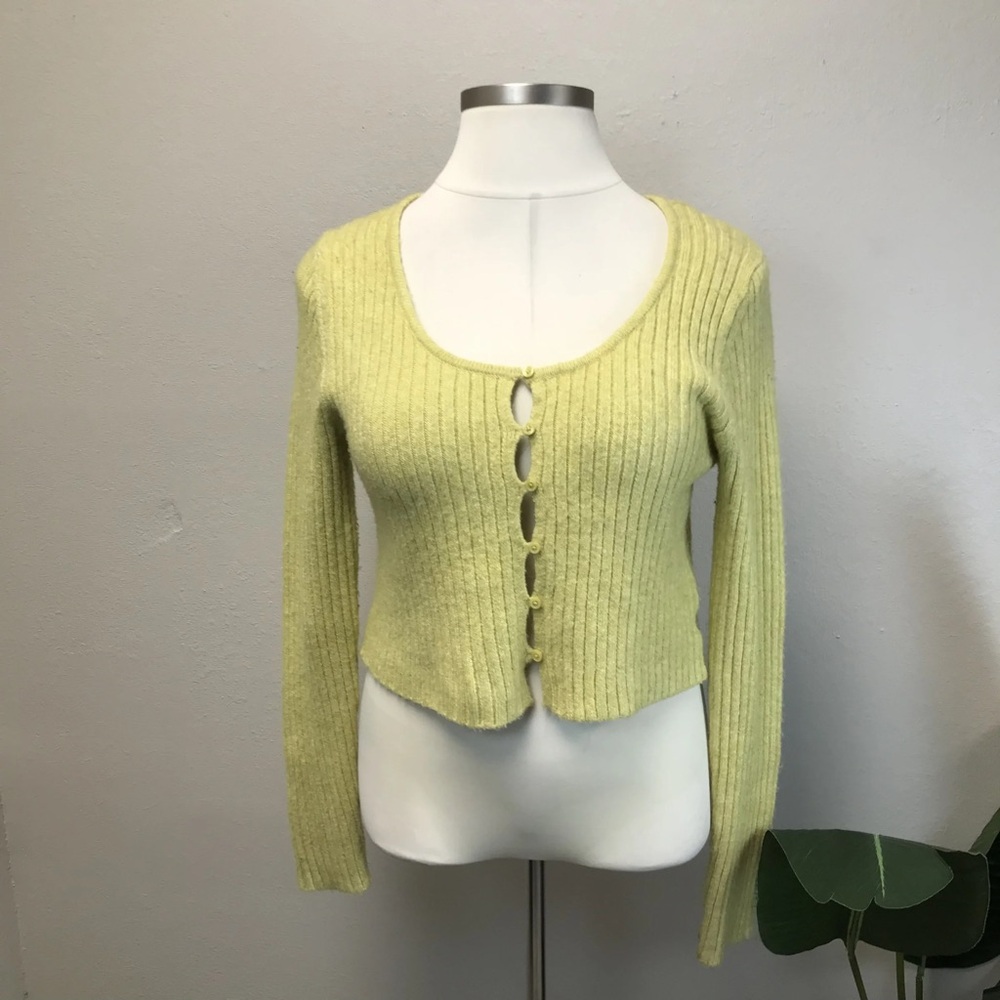 American Eagle Yellow Ribbed Button Front Cropped… - image 1